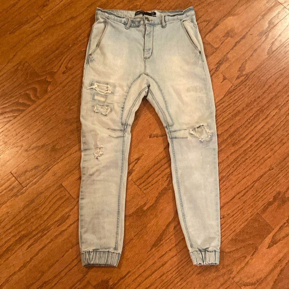 Est: Nineteen 91 - slim denim, jogger size 32, high waisted, gather at the ankle